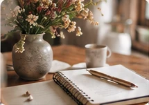 Cuaderno y flores preparados para un taller